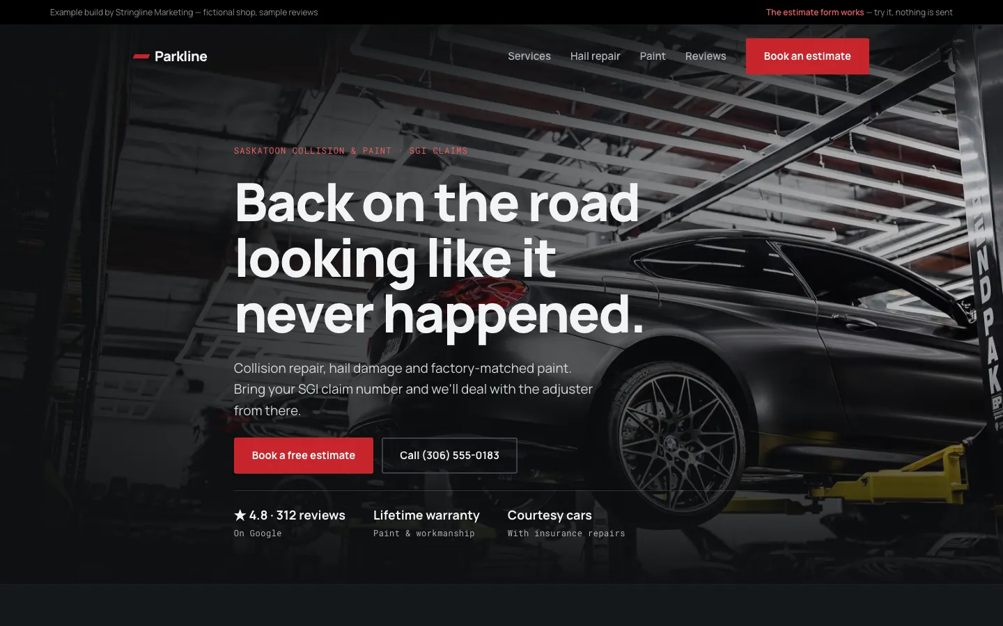 Parkline Collision & Paint, an example website we built: dark hero photo of a car on a lift, the headline 'Back on the road looking like it never happened', and a Book a free estimate button.